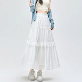 French Style Lace Stitching White Long Spring Summer New Fashion High Waist A-line Pleated Woman Casual Skirt